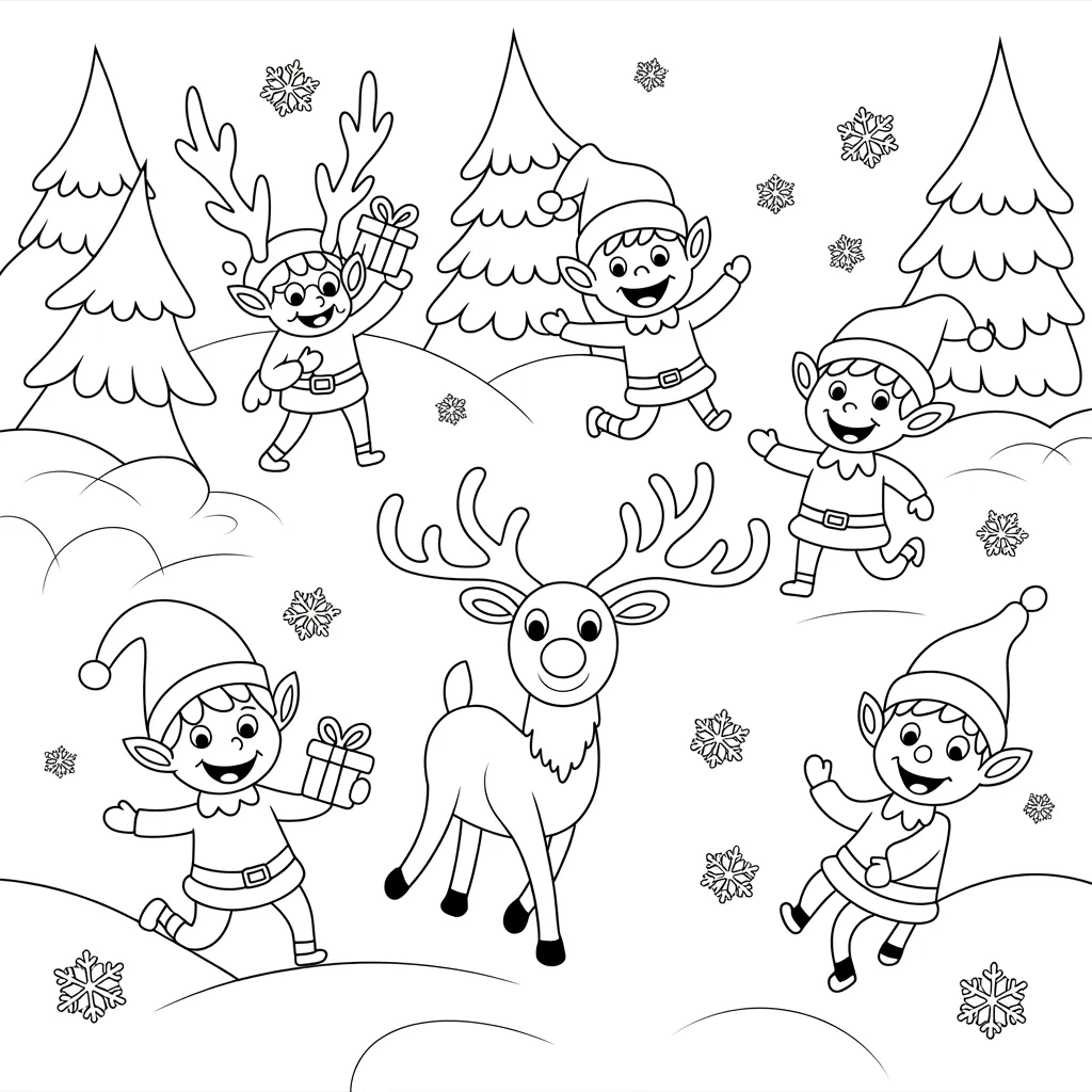 Reindeer and Elf Coloring Pages