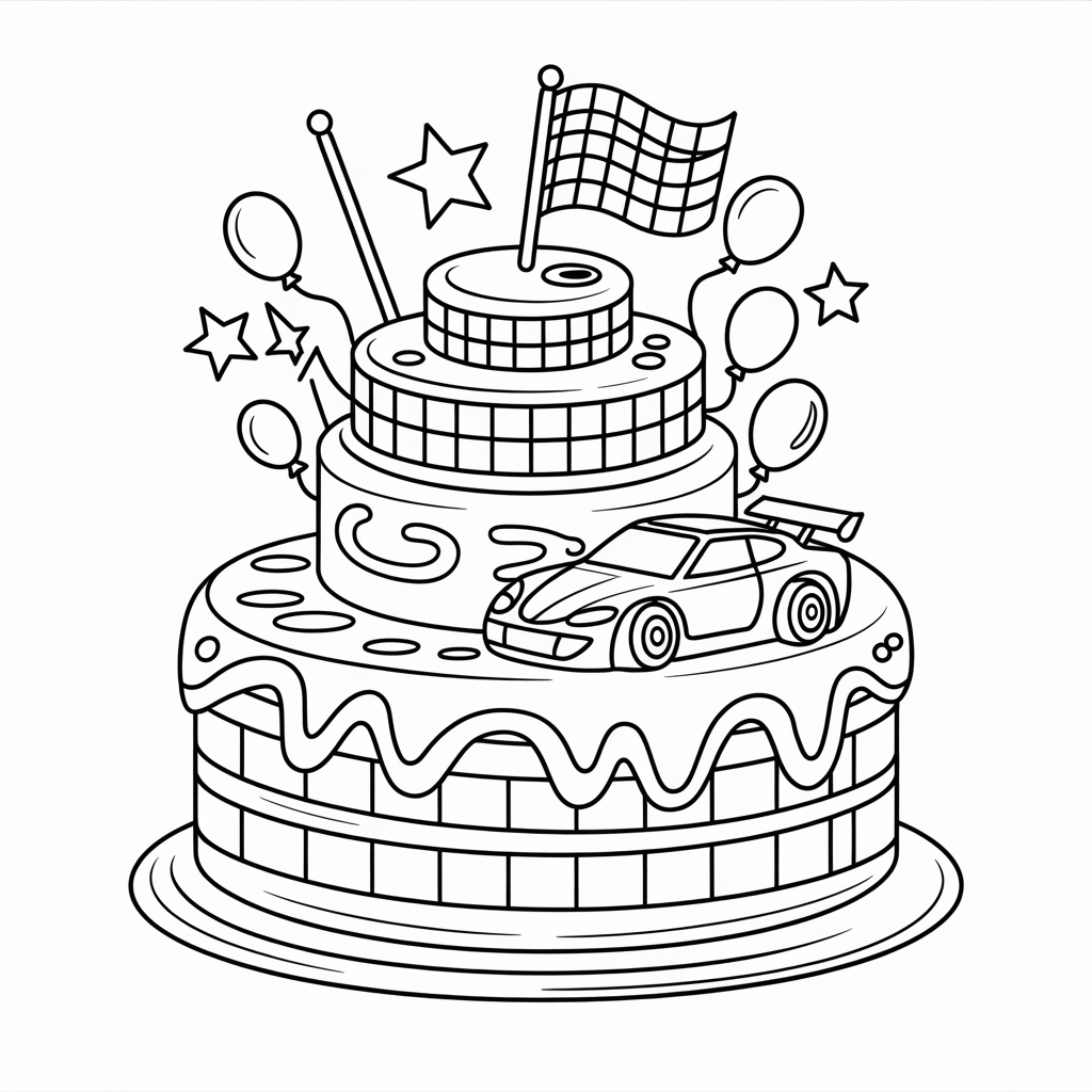 Happy Birthday Cake Race Car Coloring Page
